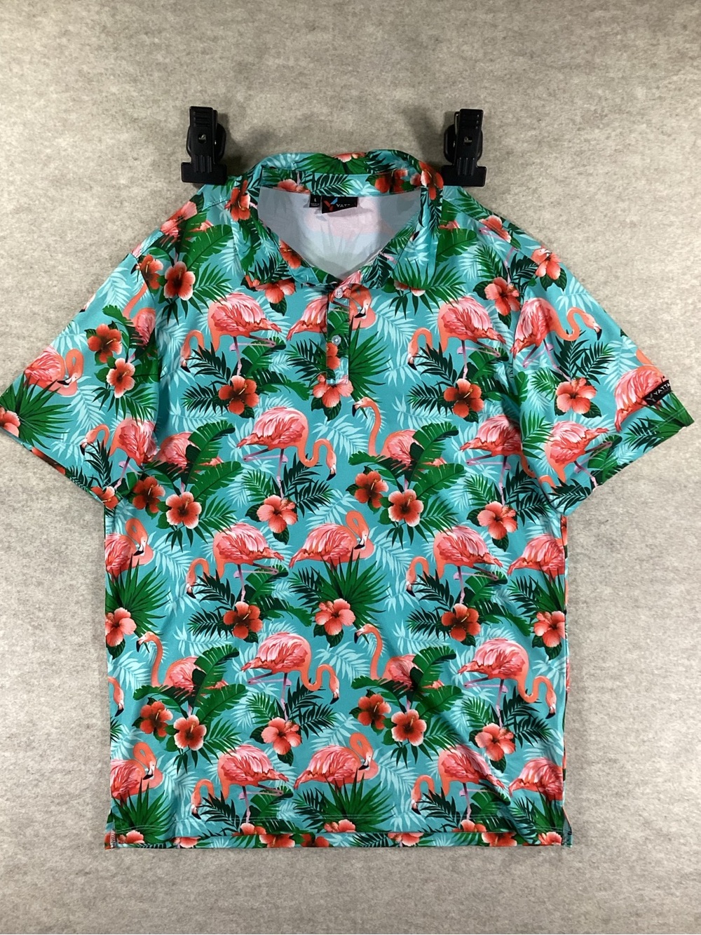 Yates Golf Flamingo Tropical Print Polo Shirt - Turquoise & Pink
